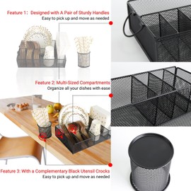 Paper Plate Organizer for Countertop, Silverware Caddy with Handles Metal Paper Plate Dispenser with 6 Compartment Flatware Organizer Utensil Holder for Spoon Fork Plates Cup Napkins Party or Camping