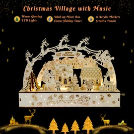 UGUTER Christmas Village 3D Wooden Puzzle, LED Light-Up Decoration with Music Box, DIY Paintable Santa, Reindeer, and Houses Includes Acrylic Markers, for Adults & Kids