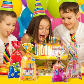 phoorapace Birthday Cellophane Treat Bags, 100 Pcs Colorful Candy Bag Goodie Bags with Twist Ties for Birthday Party Favor Supplies