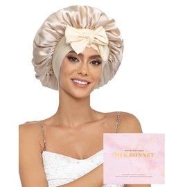 Ufgin 100% Mulberry Silk Bonnet for Sleeping Women Double Layer Silk Hair Bonnet Natural Silk Sleep Cap with Elastic Reversible Hair Wrap (Champagne+Beige)