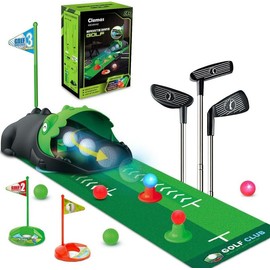 Kids Golf Club Set with Auto Ball Return & LED Night Balls - Includes Putting Mat, Indoor Outdoor Play for 3-6 Year Olds - Gifts for Boys Girls