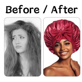 Heanvmyss Satin Bonnet,Silk Hair Wrap for Sleeping,Adjustable Night Hair Sleep Cap with Elastic Band,Hair Care Head Cover Hat with Tie for Women Girls Long,Straight,Curly Hair(Red)