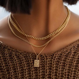 Atentuyi Layered Gold Necklace Choker Square Pendant Necklace Cuban Thick Necklace Link Curb Chain Necklace Minimalist Necklace Paper Clip Necklace Jewellery for Women, Zinc