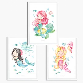 Sunnywall® Set of 3 Mermaid Sea World Posters for Children's Room - A4 Pictures Baby Room Children's Posters Without Picture Frame - Decorative Girl Boy (Mermaids Sea World, A4 (21 cm x 29.7 cm))