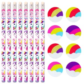 PartyPack Unicorn Children's Pencils and Eraser Set - 16 Pieces - 8 Wooden Pencils and 8 Erasers for Boys and Girls