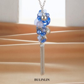 Bulinlin Silver Necklace with Pendant and Tassels - Fashion Jewellery for Women - Long Birthday Gift for Women (Sapphire)
