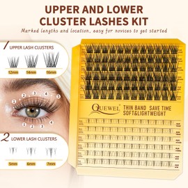QUEWEL Cluster-Lashes Kit Upper and Lower Eyelash Clusters with Long Lasting Lash-Clusters Bond, DIY Lash -Extensions Can Be Completed In Three Steps, and Can Easily Create Big Eye Effects(Easy02 MIX)