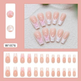 Long Press on Nails Square Fake Pink French Tip with Glue Flower Texture Design Acrylic Glossy Full Cover Artificial Stick for Women 24 Pcs (Pink-07, Long Nails 7)