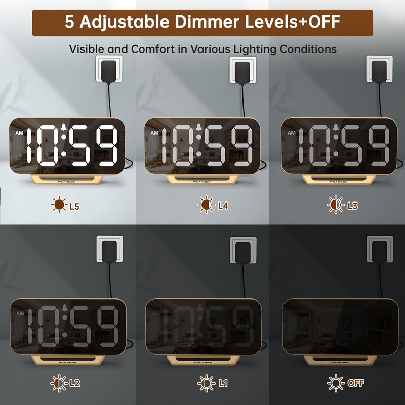 Peakeep Slim Digital Mirror Aesthetic Alarm Clock for Bedrooms Desk