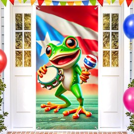 BlissYard Puerto Rico Coqui Frog Door Cover 71x35 Inch Cultural Banner for Front Door Outdoor Indoor Decorations Large Festival Backdrop with Tambourine Maraca Flag Theme Taino Tropical Music Decor