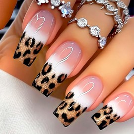 24Pcs Leopard Press on Nails Medium Square Fake Nails Glossy Designs Gold Glitter Ombre Glue on Nails Cute False Nails Stick on Nails for Women Girls Medium Nails 24Pcs