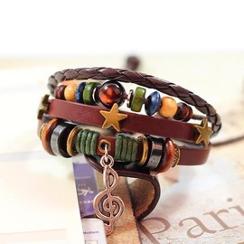 Pulsera Notas Musicales Joyeria de Cuero Boho Música Brazalete Hecho a Mano, Pulsera Bohemia Ajustable Regalo Unisex Vintage Capas Estrellas Trenzada (2 Pulseras)
