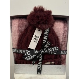 NYC Madden NYC Women's Cable Beanie and Winter Plaid Scarf Set, 2-Piece, Red
