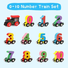 Jacootoys 12 Pieces Wooden Magnetic Number Train Set Includes 1 Motor Wooden Toy Cars with Numbers for Kids 3-5 Montessori Toys for Toddlers Boys Girls