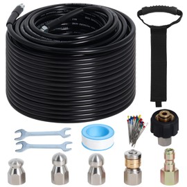 Zejoot 150FT Sewer Jetter Kit for Pressure Washer, 5800PSI Drain Cleaner Hose 1/4 Inch NPT Corner with 4 Sewer Jetting Nozzles，Waterproof Tape，Pearl Corsage Pin，Handle Strap & 2 Spanners (Black)