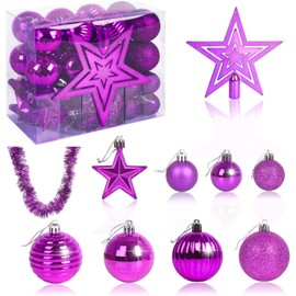 VEYLIN Christmas Tree Decorations Set of 40 Purple Christmas Baubles Hanging Ball Tinsel Garland Star Tree Topper Ornaments