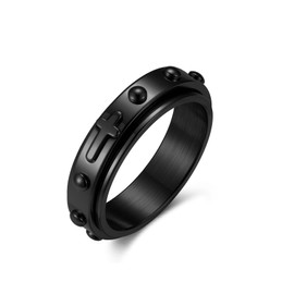 Adreamz 6mm Black Rosary Beads Cross Spinner Anxiety Relief Fidget Rotating Finger Prayer Ring Wedding Bands for Men Women Comfort Fit Size 10.5