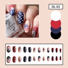 24Pcs 4th of July Press on Nails Medium Long Oval Independence Day Fake Nails USA Flag Patriotic Design American Flag False Nails Full Cover Artificial Nail for Women Girls Acrylic Manicure Decorations