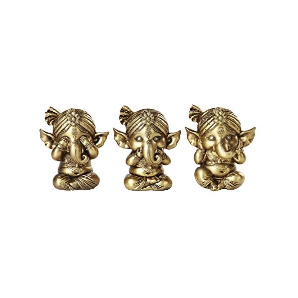 Pacific Giftware Set of Three Ganesha See No Evil Hear No Evil Speak No Evil Decorative Shelf Sitter Figurines 4 inch Tall Gold Finish