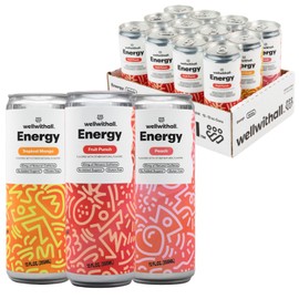 WellWithAll Energy Drink Variety Pack – Fruit Punch, Tropical Mango, and Peach Flavors – Caffeine from Tea – With Vitamin C – Lightly Sparkling Beverage – Fruit & Veggie Juice Blend – 12 Oz (Pack of 12 – 4 Cans of Each Flavor )