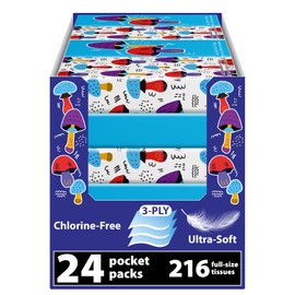 Travel Tissue Packs – 24 Compact 3-Ply Packs (216 Total), Soft Chlorine-Free Facial Tissues for Purse, Car, or School, Gentle & Durable, Non-Bleach, Whimsical Mushroom Design
