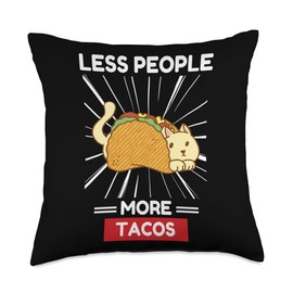 Cat Less People More Tacos Kawaii Aesthetic Cute Kawaii Cat Less People More Tacos Throw Pillow, 18x18, Multicolor
