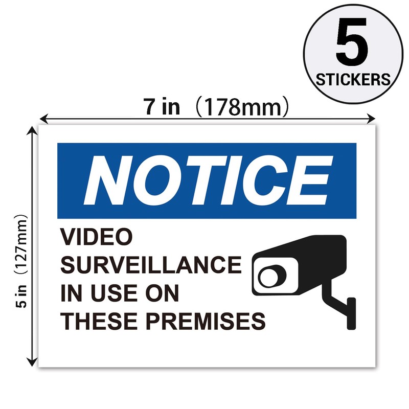 5 Pack Video Surveillance Warning Sign Sticker,7"x5" “Notice - Video