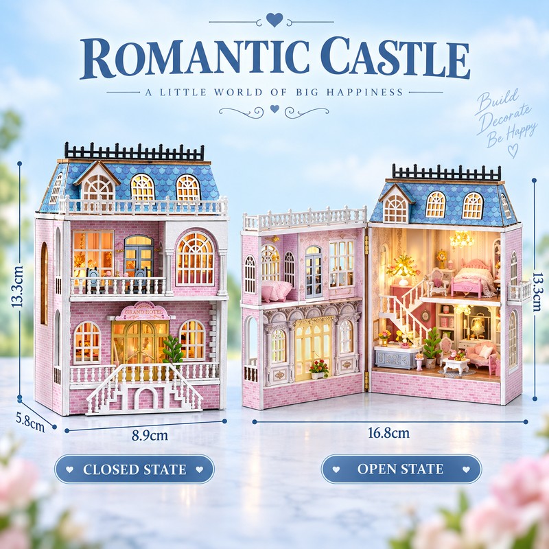 DIY Miniature House Kit with Furniture and LED Light, Wooden