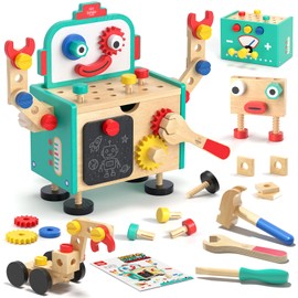 Lehoo Castle Toddler Tool Set, Wooden Mini Kids Tool Bench with Blackboard, Robot Construction Toys with Hammer Wrench Screwdriver, STEM Learning Toys for Age 3-5, Birthday Gift for Boys & Girls