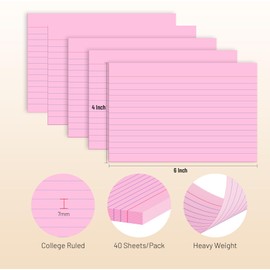 200 Pcs Index Cards 4 x 6 Inch Ruled Pink Index Cards, College Ruled Flash Cards for School, College, Office and Home Organization, Durable Study To Do List Note Cards with Ruled Lines, 5 Pack of 40