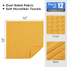 Kitinjoy Microfiber Cleaning Cloth, 12 Pack Soft and No Lint Microfiber Towels Cleaning Supplies, Absorbent Fast Drying Cleaning Rags for Housekeeping, Kitchen, Window, 12 x12 Inches, Yellow