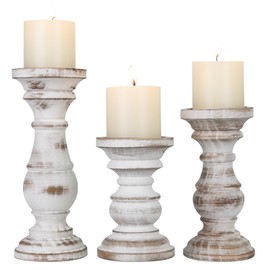 Candle Holder for Pillar Candle Set of 3, Farmhouse Wood Candle Holder, Rustic Wooden Candle Stand, Decorative Wood Candlestick Holders for Living Room, Table Centerpiece (Antique White)