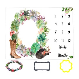 LYLYCTY Baby Age Blanket, Colorful Floral Wreath Western Cowgirl Month Baby Milestone Blanket for Girls, 60x40 Inch Baby Swaddling Blanket Growth Chart Blanket BTLSLY149