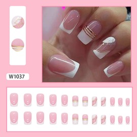 French Press on Nails Square 24Pcs Glossy Full Cover Medium Artificial White Fake Nails with Gold Line Star Designs Coffin Acrylic False Nails Sets Glue Stick on Fingernails with Charm for Women