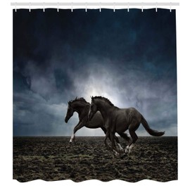 Ambesonne Caballos Cortina de Baño, Animales en un Campo Arado, Paño Conjunto de Decoración de Baño de Tela y Ganchos, 84" Extra Alta, Azul Petróleo