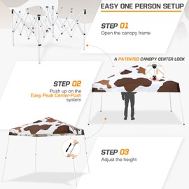 EAGLE PEAK Slant Leg Pop up Canopy Tent, Easy One Person Setup Instant Outdoor Beach Canopy Folding Portable Sports Shelter, 10x10 Base 8x8 Top, Brown Cow Print