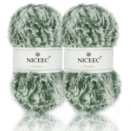NICEEC 2 Skeins Super Soft Fur Yarn Chunky Fluffy Faux Fur Yarn Eyelash Yarn for Crochet Knit-Total Length 2×32m(2×35yds,50g×2)-Light Olive Green