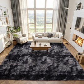 MIDDKUOO Furry Rug,Plush Fuzzy Rugs for Living Room，Fluffy for Bedroom，Fluffy for Office，Indoor Carpet Nursery Rugs for Kids Room Home Decor，Home Decor Bedroom (Tie-Dyed Dark Grey, 6 * 9 Feet)