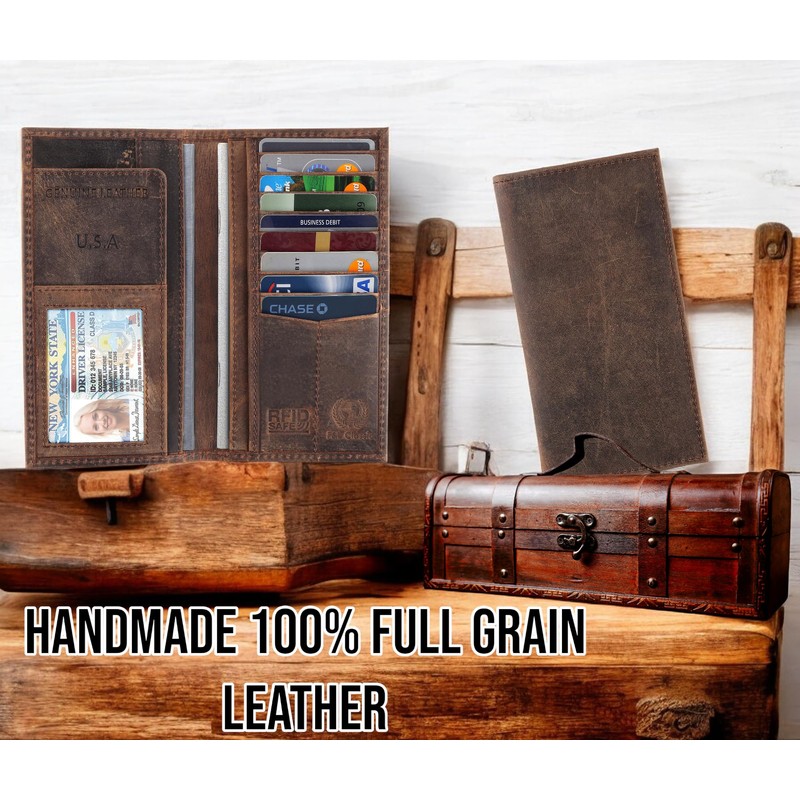 F&L CLASSIC Men's RFID Vintage Look Genuine Leather Long Bifold