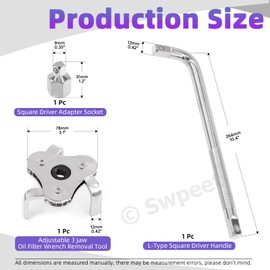 Swpeet 3Pcs Universal 3 Jaw Oil Filter Wrench Tool and 3/8 inch Square Driver Adapter Socket and L-Type 1/2 inch Square Driver Handle for Diameters 2 1/8-4 1/2 Inches Fits ⅜ and ½ inch Drive Removing