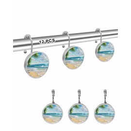Beach Shower Curtain Hooks, Summer Tropical Plants Palm Tree 12PCS Shower Curtain Hooks Rings for Bathroom Stainless Steel Rust Shower Curtain Hangers