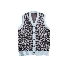 BEAUDRM Men's Leopard Print Sweater Vest V Neck Button Down Sleeveless Knitted Cheetah Vest Multicoloured Large