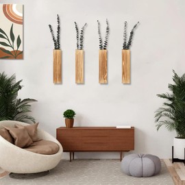 Sawoake Wooden Wall Planter Set of 4 - Modern Home Decor for Living Room, Bedroom, Bathroom - Brown Finish Planter for Dried Flowers, Faux Greenery, Indoor Plants