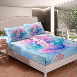 Mermaid Girls Full Size Fitted Sheet,Dreamy Undersea World Pink Blue 3 Pieces Kids Teenager Room Decor Cute Marine Life Fish Shell Coral Mermaid Tail Pocket 2 Pillowcases
