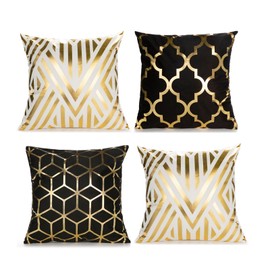 outret Set of 4 Throw Pillow Covers,Geometric Square Cushion Covers Decor for Home,Couch Sofa (18x18, Gold,White,Black)