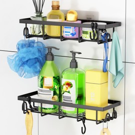 SUMAITech Shower Shelf No Drilling Bathroom Organiser, Pack of 2 Shower Shelves without Drilling, Bathroom Shelf without Drilling with 4 Removable Hooks, Shower Holder No Drilling Shampoo Holder for