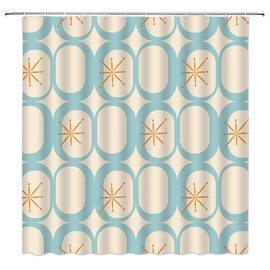 ZNLSU Mid Century Modern Shower Curtain Beige Teal Retro Abstract Geometric Round Squares Atomic Vintage Boho Minimalist 70" WX70 H Bathroom Decor Fabric Curtain with Hooks