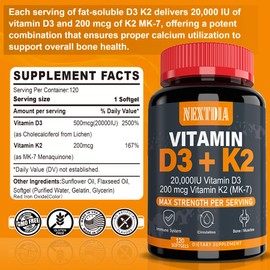 Nextdia Nextdia Vitamin D3 20,000 IU + K2(MK7) 200mcg-Optimal Vitamin D3 & K2-Support Strong Bones & Muscle, Calcium Absorption & Immune Health, Helping Vitamin D Deficiencies, Easy to Swallow, (Pack of 2)