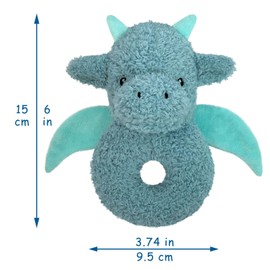 Doindute Baby Dragon Soft Rattle Toy, Plush Dinosaur Infant Shaker Rattle Easy-Grasp Stuffed Animal Toy, Gifts for Newborns Babies Toddlers Boys Girls, Cyan, 6 Inches