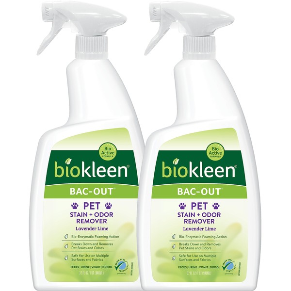Biokleen Bac-Out Pet Urine Odor Eliminator - 32 Ounce Spray 2 Pack - Enzymatic, Natural, Destroys Stains & Odors Safely, for Pet Stains on Carpets & Furniture - Fresh Lavender Citrus Scent